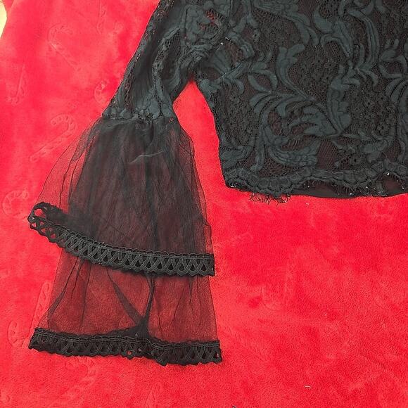 Peach Black Sheer Lace Blouse Floral Scalloped Trim Whimsigoth Coquette Size M - Picture 4 of 16